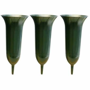 3x groene kunststof grafvazen 26 cm