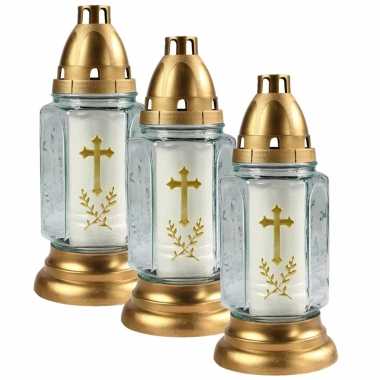 6x stuks grafkaarsen/gedenklichten met deksel wit/goud 11 x 24 cm 3 dagen brandtijd